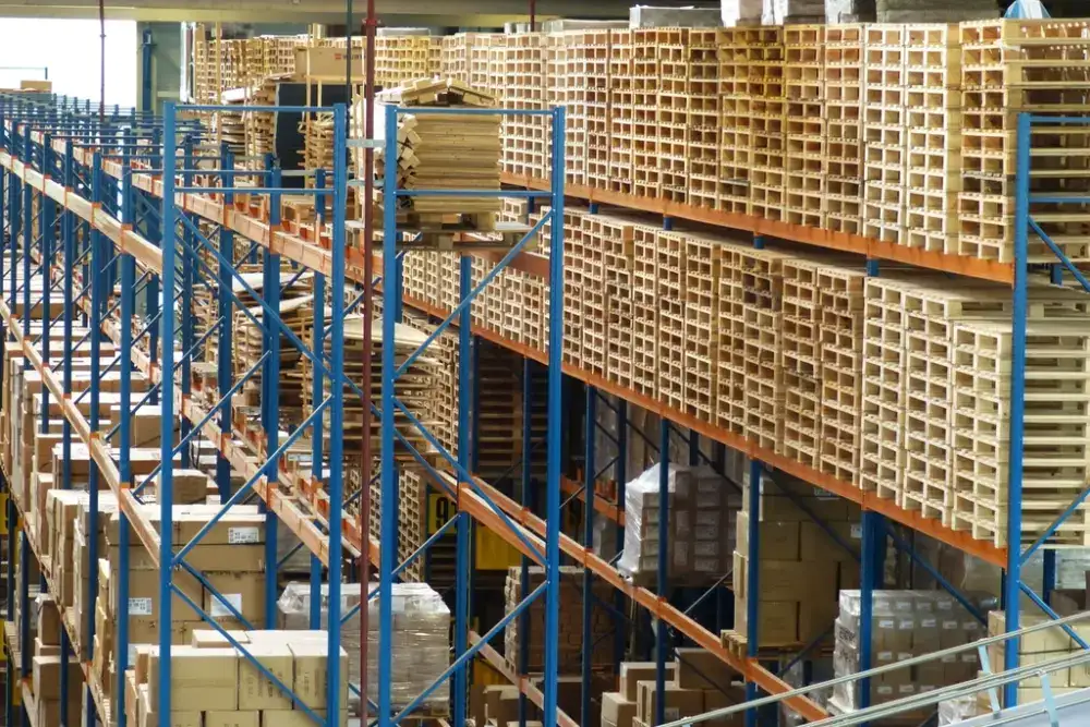 Warehouse racks stacked with packaged goods