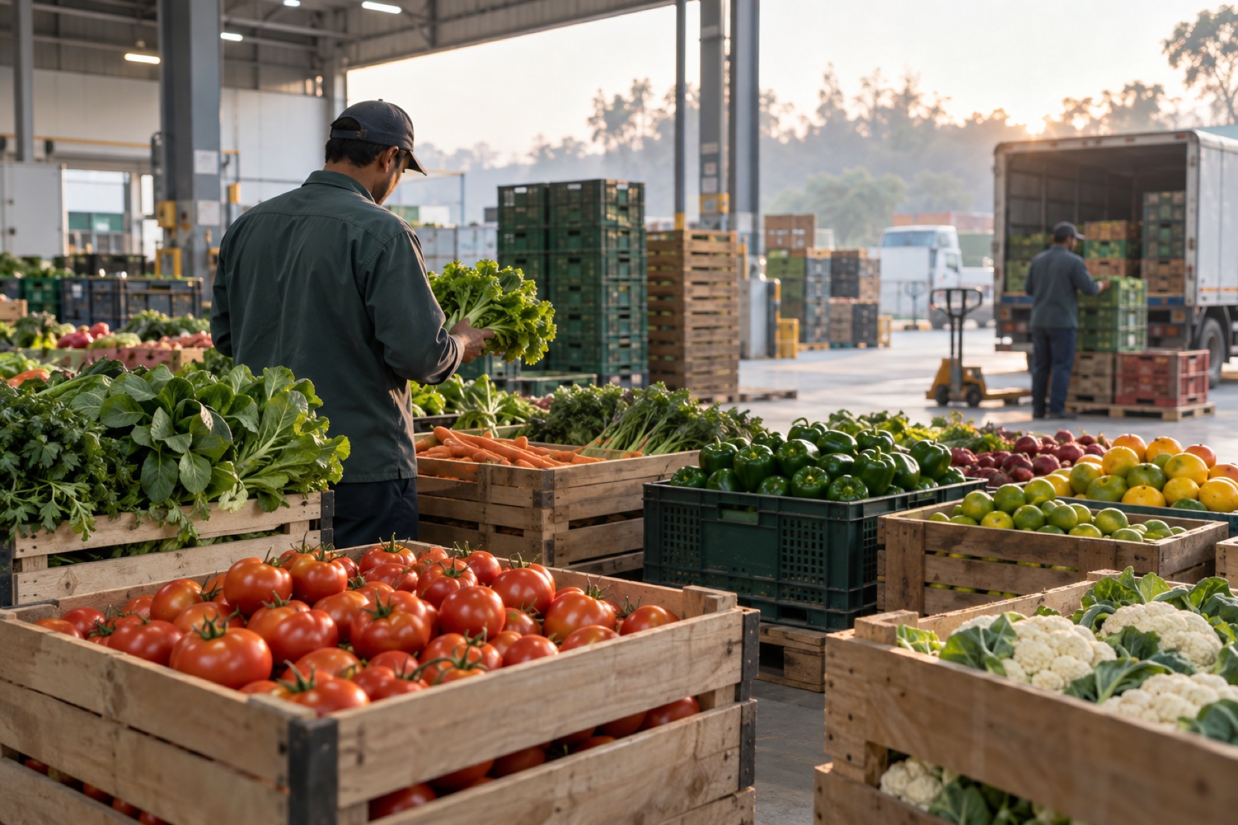 Crates of fresh vegetables being checked at a produce hub