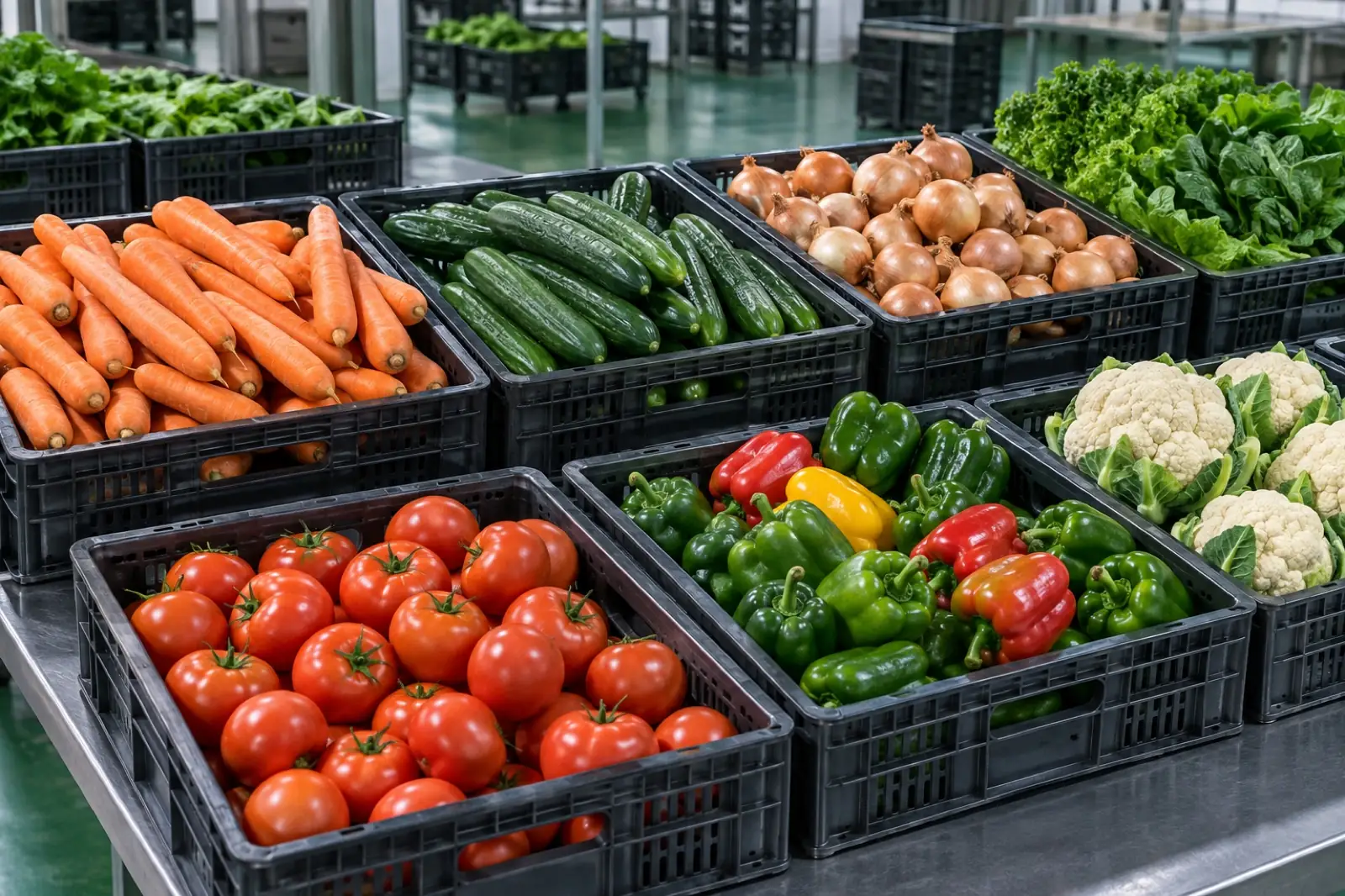 Crates of sorted fresh vegetables