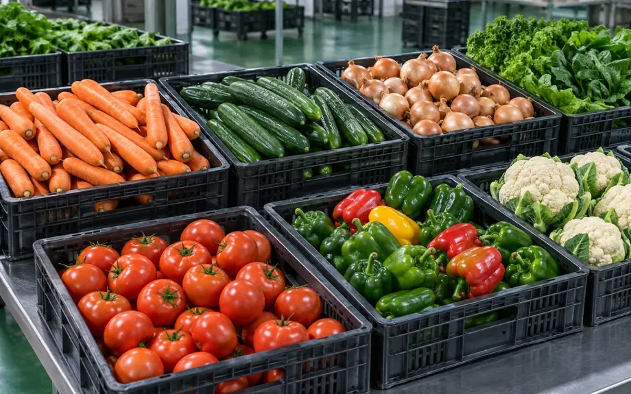 Crates of sorted vegetables ready for packing